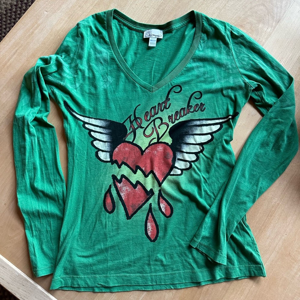 Ed Hardy “Heart Breaker”long sleeve V neck green t shirt size large